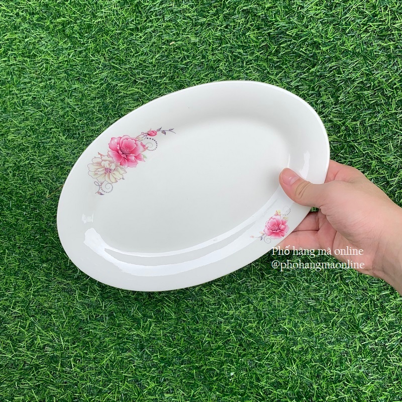 Đĩa sứ họa tiết hoa hình bầu dục 20x14cm gốm sứ chịu nhiệt tốt