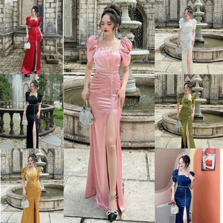 Đầm váy dạ hội trung niên thiết kế phi lụa tay phồng xếp ly ngực cao cấp tko