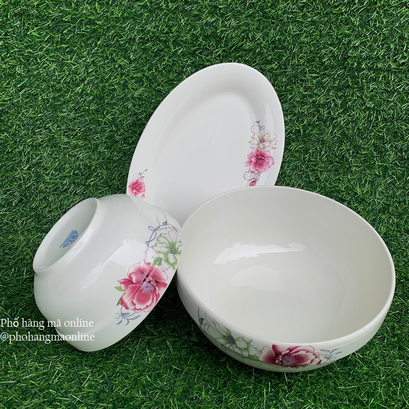 Bát tô canh sứ, đĩa sứ bầu dục họa tiết hoa hồng chịu nhiệt tốt