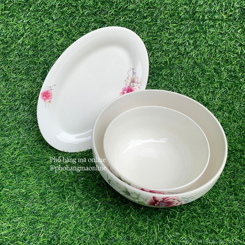 Bát tô canh sứ, đĩa sứ bầu dục họa tiết hoa hồng chịu nhiệt tốt