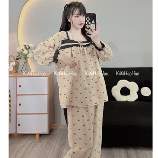 Bộ Bầu Bộ Sau Sinh - BỘ DÀI ĐŨI NHĂN NƠ CỔ VUÔNG REN IN NƠ - 2 Màu,Áo Có Khóa Kéo Hai Bên & Quần Có Chun Chỉnh [ Freeshi