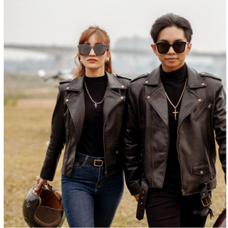 Áo da nam biker jacket, áo da thật cao cấp Fttleather Biker Double Rider da dê khoá đồng mã AD301D