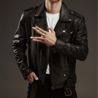 Áo da nam biker jacket, áo da thật cao cấp Fttleather Biker Double Rider da dê khoá đồng mã AD301D