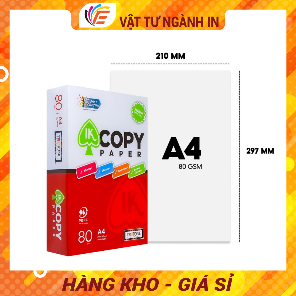 Giấy IK Copy Giấy A4 Photo In Ấn Định Lượng 70gsm  và 80gsm Ram 500 Tờ Trắng Mịn Đều Màu Không Kẹt Giấy