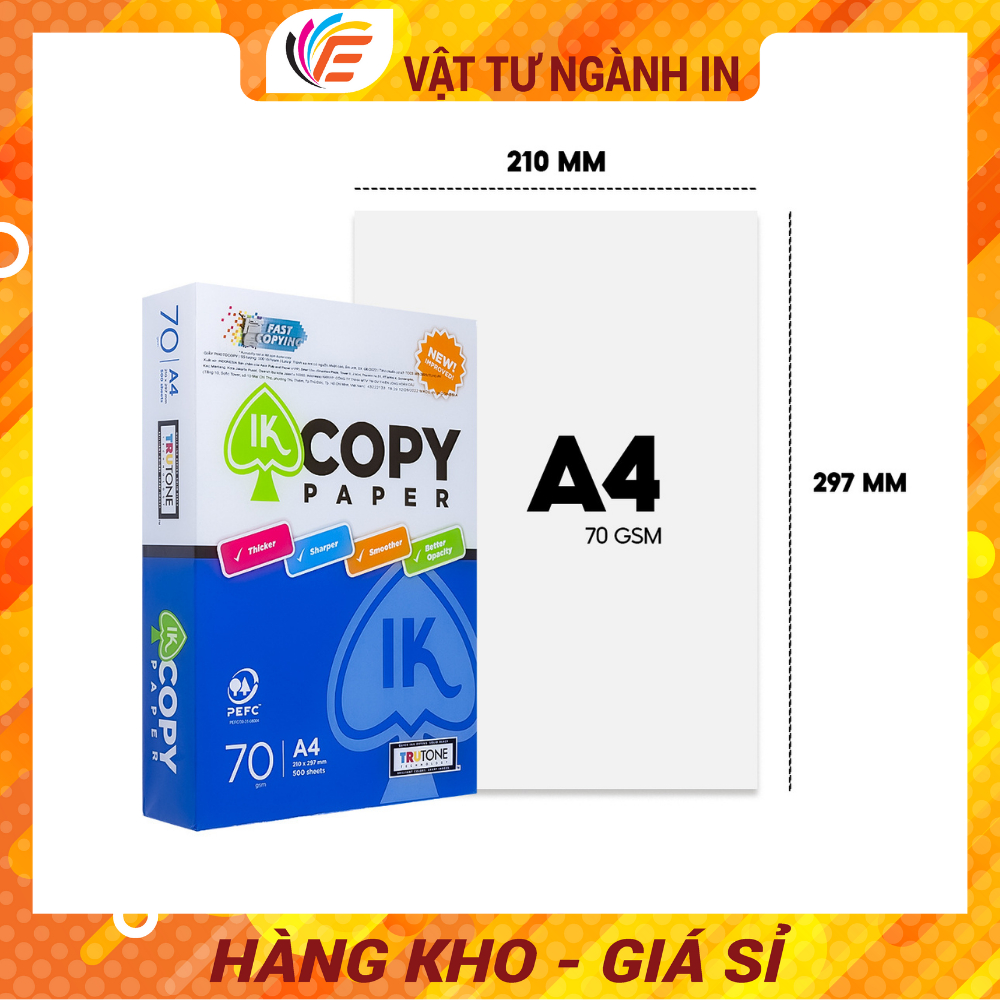 Giấy IK Copy Giấy A4 Photo In Ấn Định Lượng 70gsm  và 80gsm Ram 500 Tờ Trắng Mịn Đều Màu Không Kẹt Giấy
