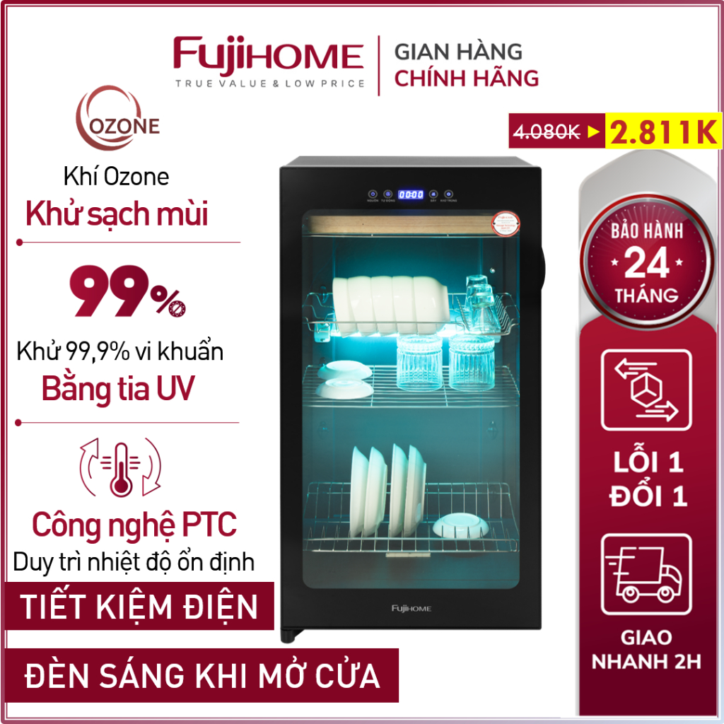 Máy sấy bát đĩa Ozone & UV DD128 FUJIHOME, Tủ xấy khô tiệt trùng đa năng dao thớt dụng cụ y tế