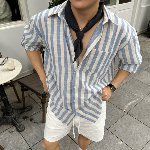 Áo Sơ Mi Kẻ Sọc To Linen Mặt Xước Tay Dài Nam Nữ Hàn Quốc Phối Túi Form Rộng Oversize Halley A14