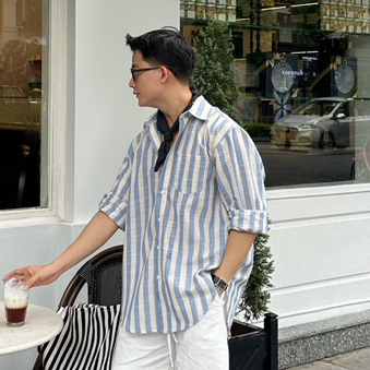 Áo Sơ Mi Kẻ Sọc To Linen Mặt Xước Tay Dài Nam Nữ Hàn Quốc Phối Túi Form Rộng Oversize Halley A14