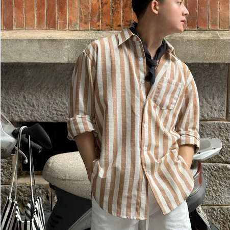 Áo Sơ Mi Kẻ Sọc To Linen Mặt Xước Tay Dài Nam Nữ Hàn Quốc Phối Túi Form Rộng Oversize Halley A14