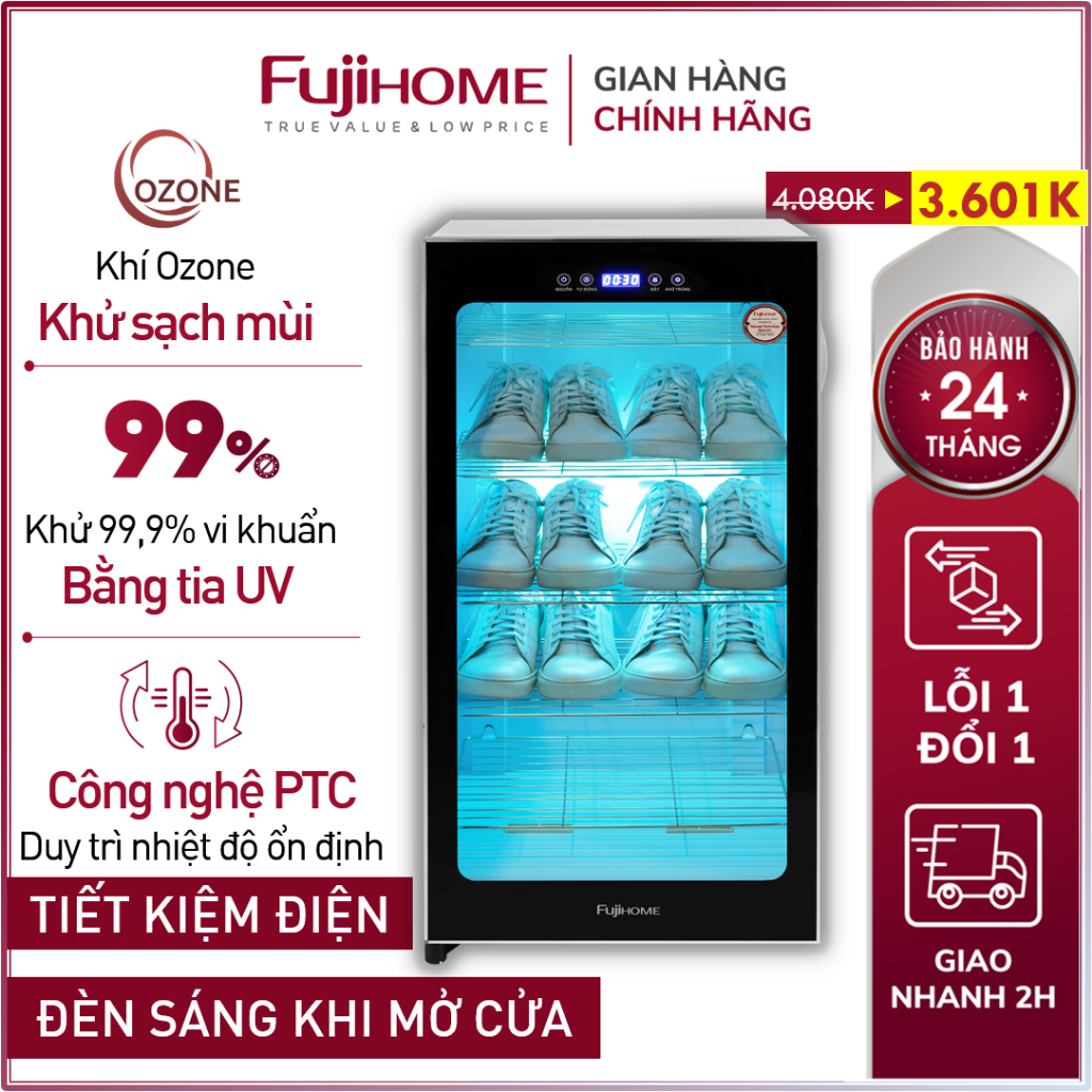 Tủ sấy đồ khử mùi hôi UV & Ozone SD128 FUJIHOME, Máy xấy khô đựng giày đa năng khử trùng chén dĩa