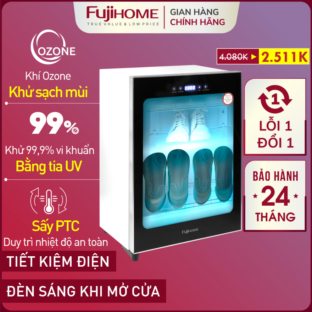 Tủ sấy giày khử mùi Ozone-UV FUJIHOME 68 Lít, Tủ sấy khô đựng giày đa năng khử trùng mùi hôi