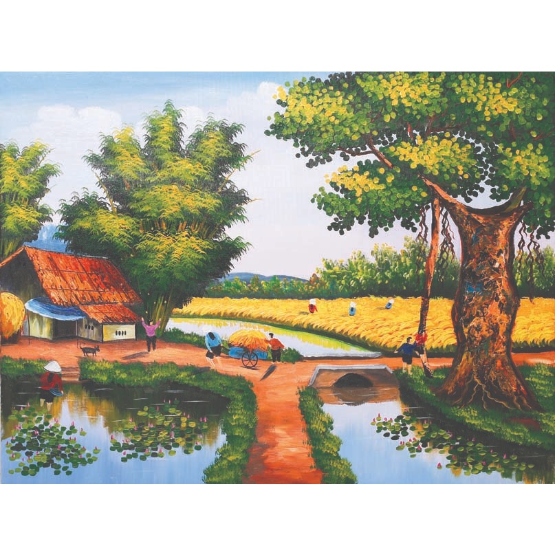 Tranh dán tường chất liệu vải lụa 3D cao cấp, làng quê vào mùa thu hoạch lúa...