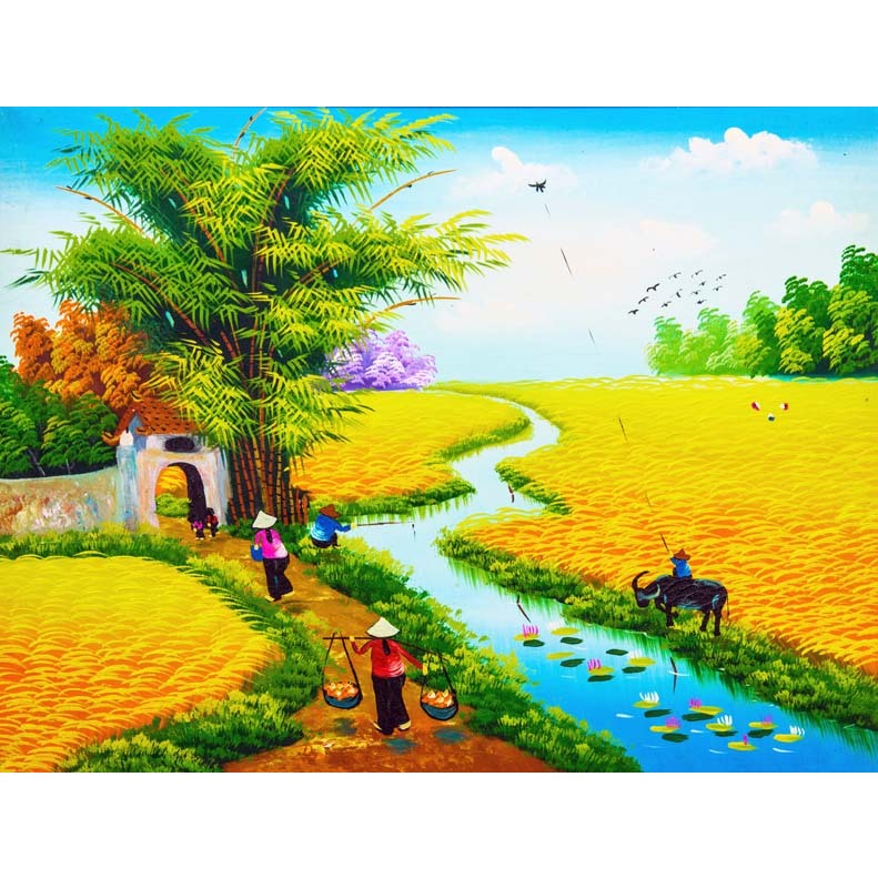 Tranh dán tường chất liệu vải lụa 3D cao cấp, làng quê vào mùa thu hoạch lúa...