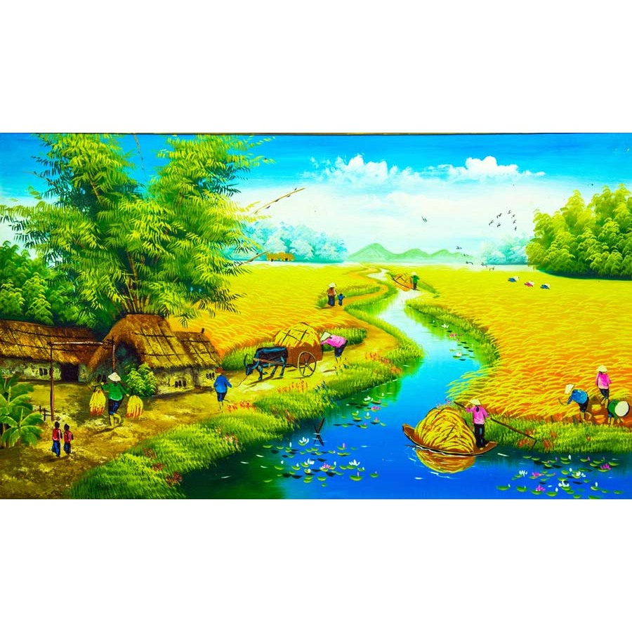 Tranh dán tường chất liệu vải lụa 3D cao cấp, làng quê vào mùa thu hoạch lúa...