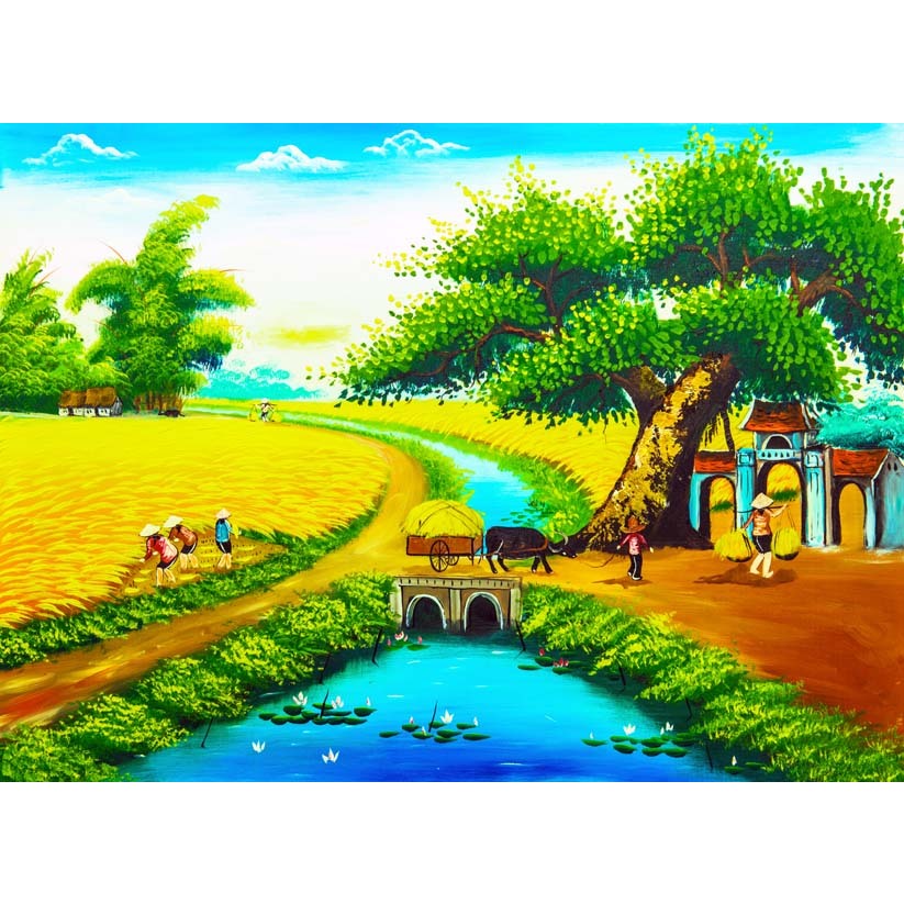 Tranh dán tường chất liệu vải lụa 3D cao cấp, làng quê vào mùa thu hoạch lúa...