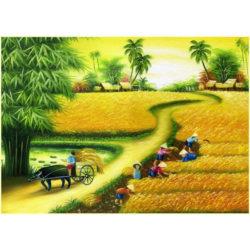 Tranh dán tường chất liệu vải lụa 3D cao cấp, làng quê vào mùa thu hoạch lúa...
