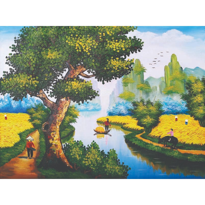 Tranh dán tường chất liệu vải lụa 3D cao cấp, làng quê vào mùa thu hoạch lúa...