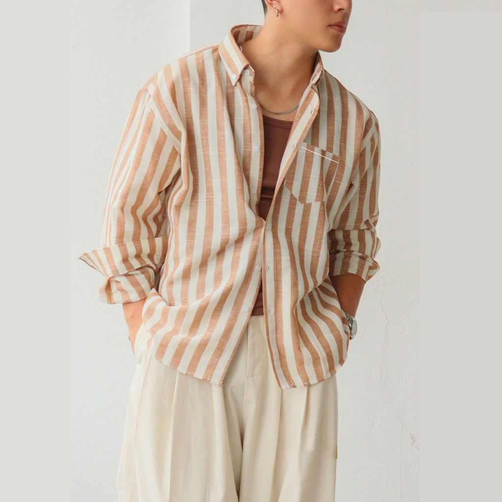 Áo Sơ Mi Kẻ Sọc To Linen Mặt Xước Tay Dài Nam Nữ Hàn Quốc Phối Túi Form Rộng Oversize Halley A14