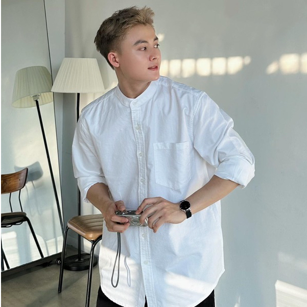 Áo Sơ Mi Trắng Trơn Tay Dài Nam Nữ Hàn Quốc Cổ Tàu Local Brand Chất Liệu Oxford Form Rộng 3 Màu Halley A12