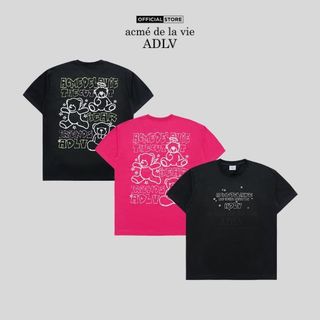 Áo thun ADLV Bear Friends Doodle Artwork dáng oversized màu đen/hồng - Hàng chính hãng
