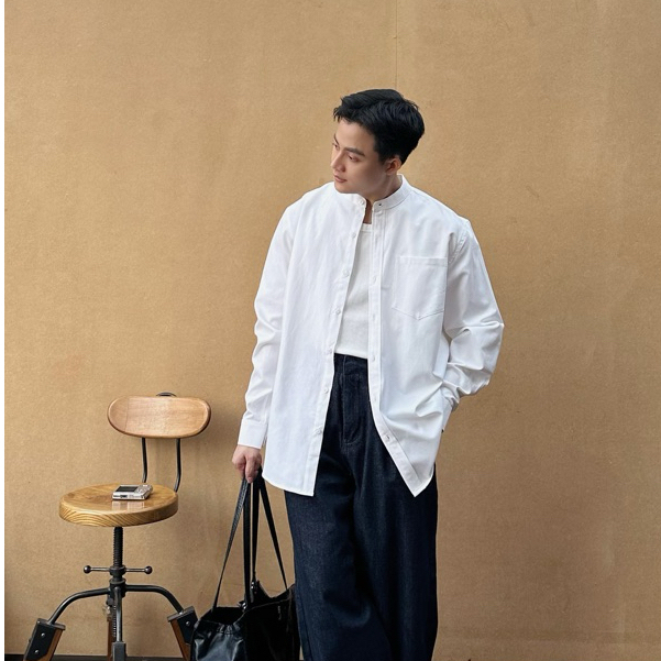 Áo Sơ Mi Trắng Trơn Tay Dài Nam Nữ Hàn Quốc Cổ Tàu Local Brand Chất Liệu Oxford Form Rộng 3 Màu Halley A12