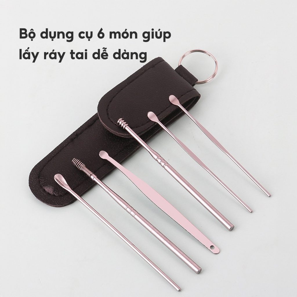 SET 6 Dụng Cụ Lấy Ráy Tai Bằng Thép Không Gỉ Kèm Túi Đựng Dụng Cụ Vệ Sinh Tai Dành Cho Gia Đình