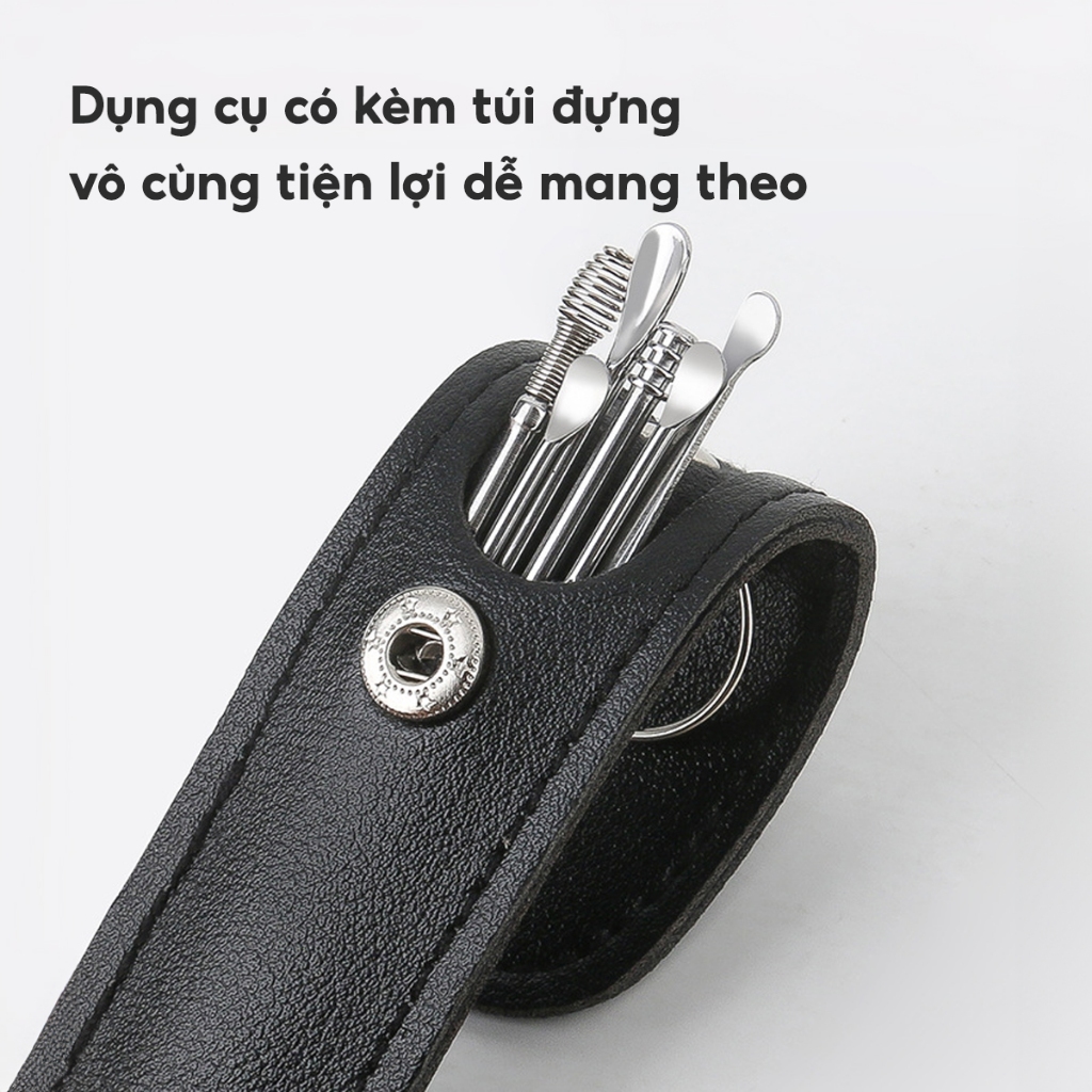 SET 6 Dụng Cụ Lấy Ráy Tai Bằng Thép Không Gỉ Kèm Túi Đựng Dụng Cụ Vệ Sinh Tai Dành Cho Gia Đình