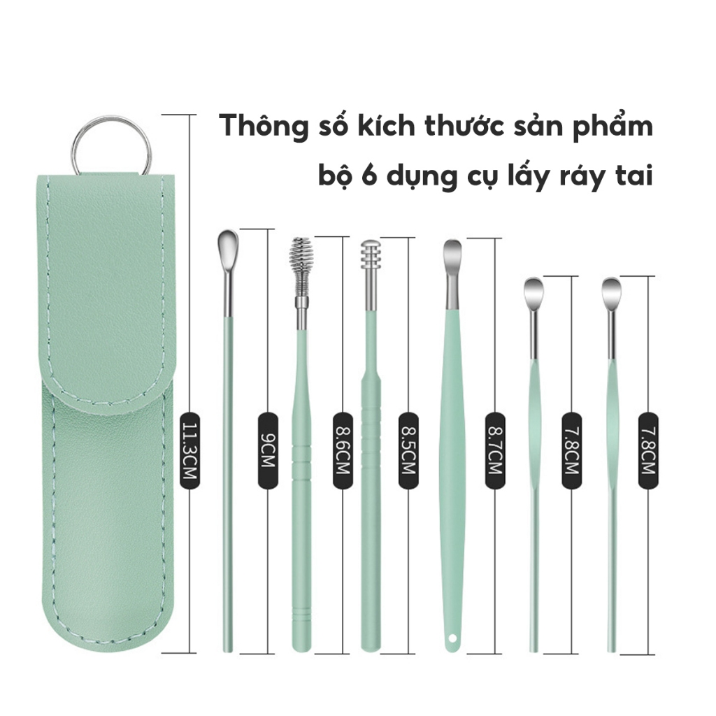 SET 6 Dụng Cụ Lấy Ráy Tai Bằng Thép Không Gỉ Kèm Túi Đựng Dụng Cụ Vệ Sinh Tai Dành Cho Gia Đình
