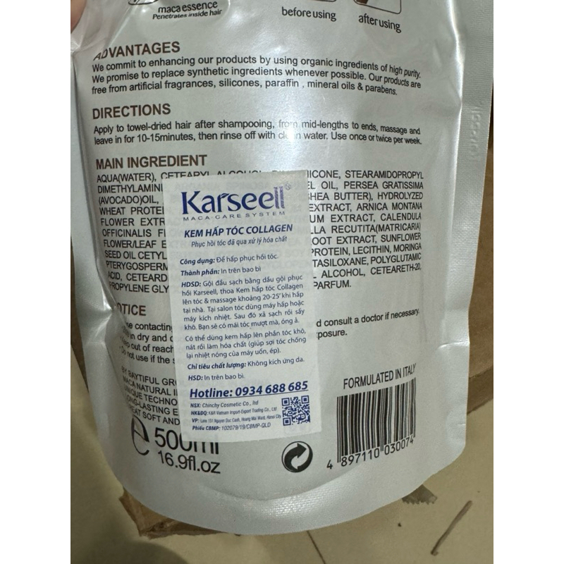 Dầu hấp ủ tóc Collagen Karseell Maca phục hồi siêu mềm mượt tóc hương thơm - dạng túi 500ml