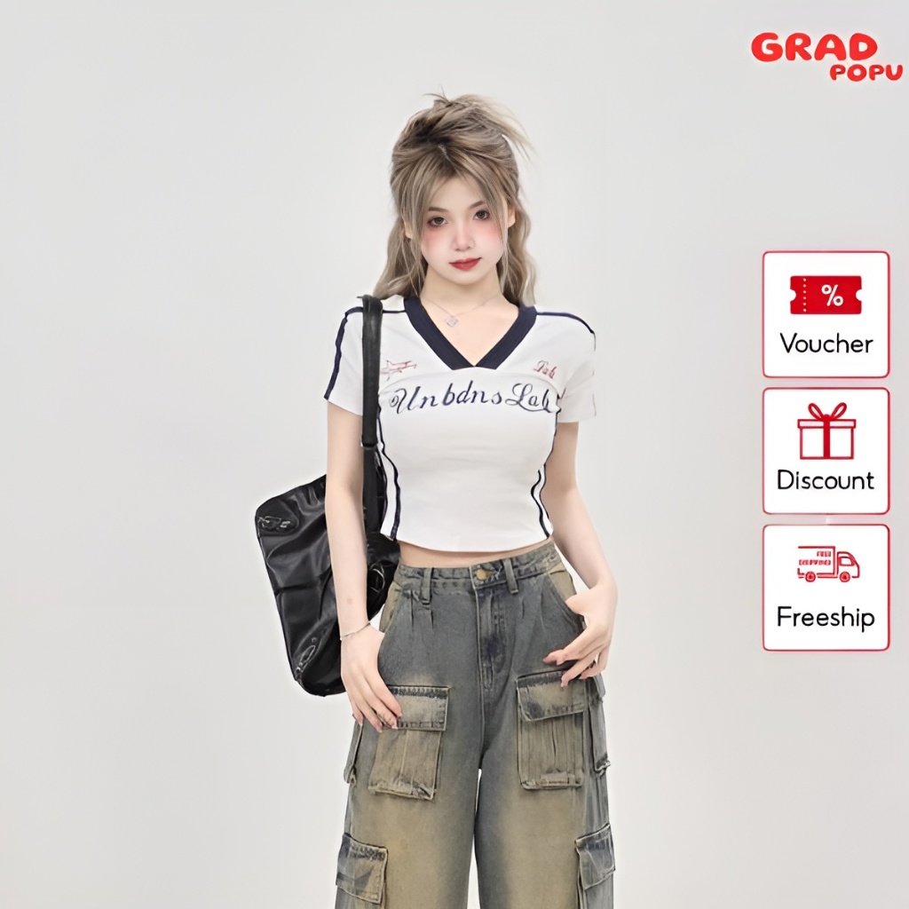 Áo croptop nữ GRADPOPU PPAT16 tay ngắn cổ chữ V kẻ sọc in hình độc đáo năng động dáng ôm chất thun mềm mịn thoáng mát
