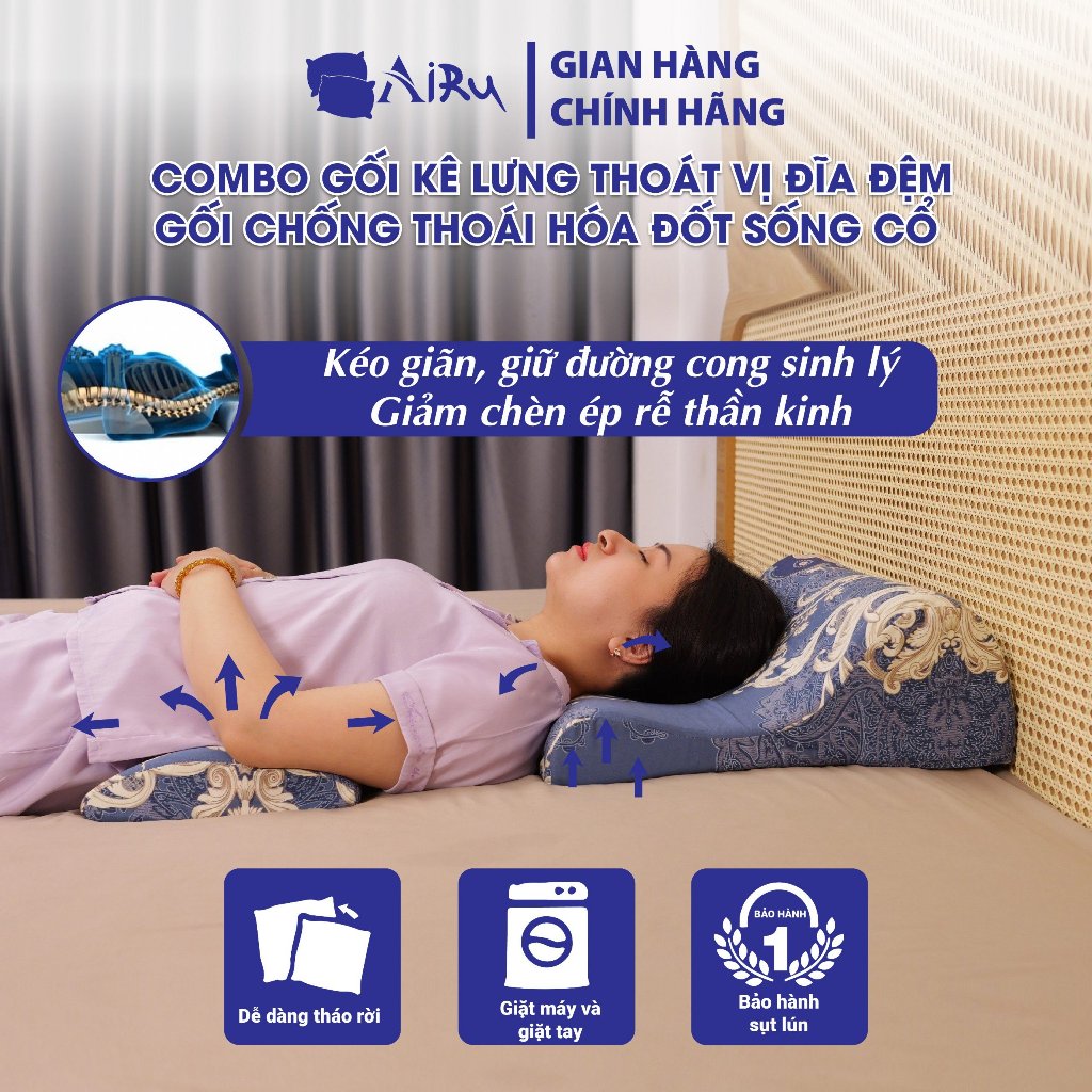Bộ Đôi Combo gối thoái hóa đốt sống cổ, kê lưng thoát vị đĩa đệm L4-L5 CHÍNH HÃNG Thương hiệu AIRU