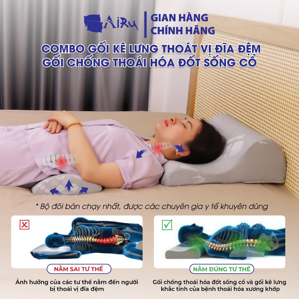 Bộ Đôi Combo gối thoái hóa đốt sống cổ, kê lưng thoát vị đĩa đệm L4-L5 CHÍNH HÃNG Thương hiệu AIRU