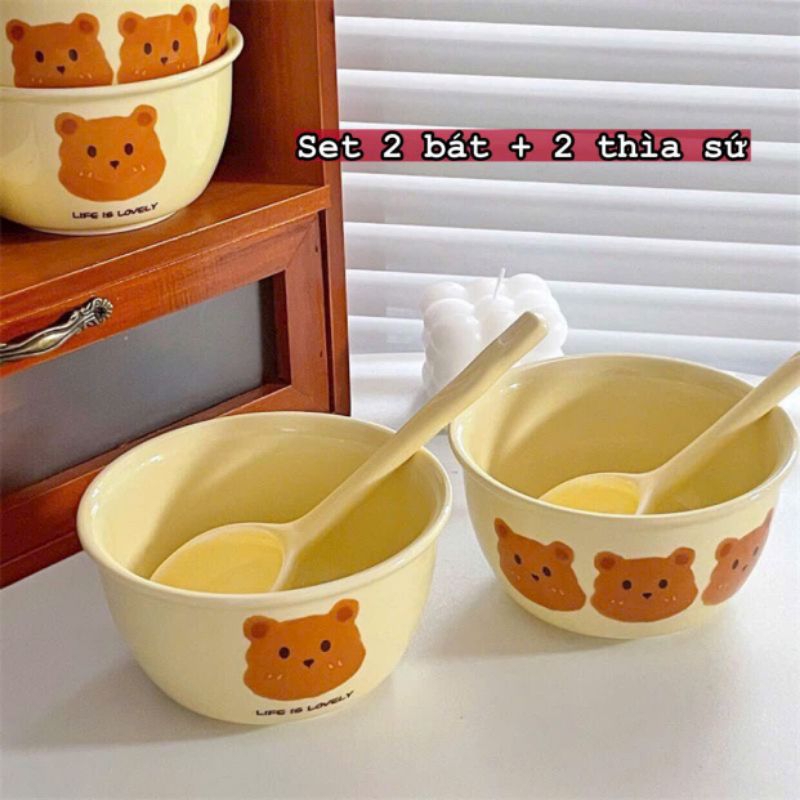 set 4 món 2 bát 2 thìa bằng sứ siêu xinh