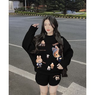 Set Bộ Nỉ Nữ Thu Đông CHEPOL In Labubu ( Áo Sweater Đen + Quần Đùi Đen ) Chất Nỉ Chân Cua Cao Cấp, Dày Dặn -CP_xx866