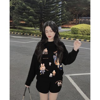 Set Bộ Nỉ Nữ Thu Đông CHEPOL In Labubu ( Áo Sweater Đen + Quần Đùi Đen ) Chất Nỉ Chân Cua Cao Cấp, Dày Dặn -CP_xx866