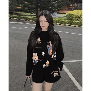 Set Bộ Nỉ Nữ Thu Đông CHEPOL In Labubu ( Áo Sweater Đen + Quần Đùi Đen ) Chất Nỉ Chân Cua Cao Cấp, Dày Dặn -CP_xx866