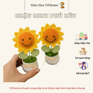 Chậu Nhựa Cứng Mini Hoa Kẽm Nhung, Len Handmade Có Sẵn Xốp Và Rêu YiYihome