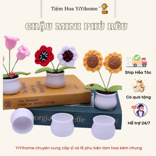 Chậu Nhựa Cứng Mini Hoa Kẽm Nhung, Len Handmade Có Sẵn Xốp Và Rêu YiYihome