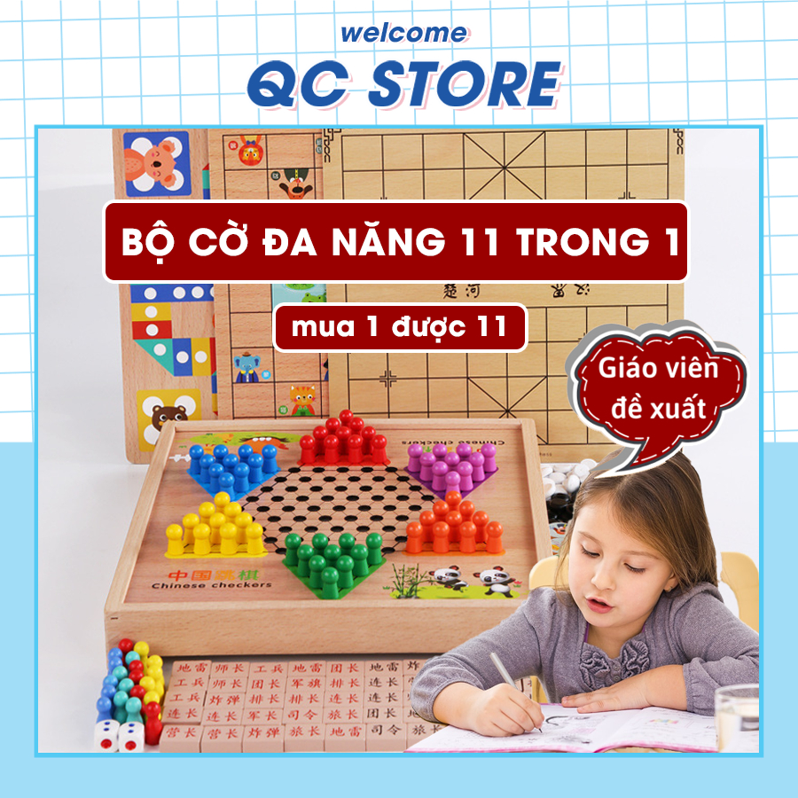 Bộ cờ đa năng 11 trong 1 gồm cờ tướng cờ vua cờ vây cờ cá nhảy bàn gỗ ...