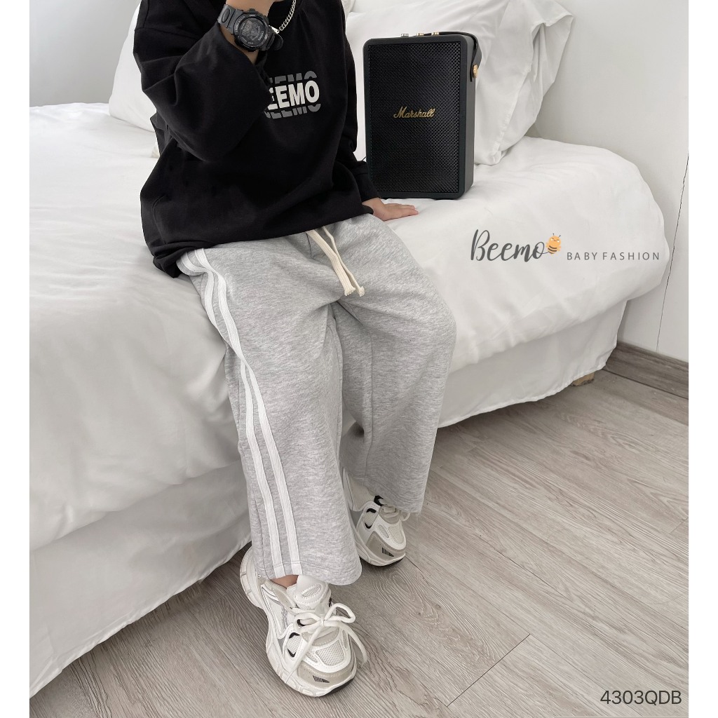 Quần xuông ống rộng unisex cho bé, quần cotton da cá thể thao ống rộng phối dây dệt thể thao