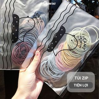 Túi 100 sợi thun cột buộc tóc GOMTAT có túi zip du lịch siêu dễ thương