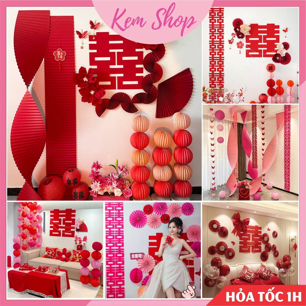 Set trang trí đám cưới, trang trí phòng cưới phong cách truyền thống màu đỏ may mắn - K336