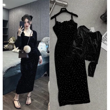 Bộ Đầm Nhung Đính Đá - Đầm 2 Dây BoDy + Áo Khoác Che Vai - Chất Liệu Nhung Đính Đá Hottrend - Mặc Ban Đêm Rất Đẹp
