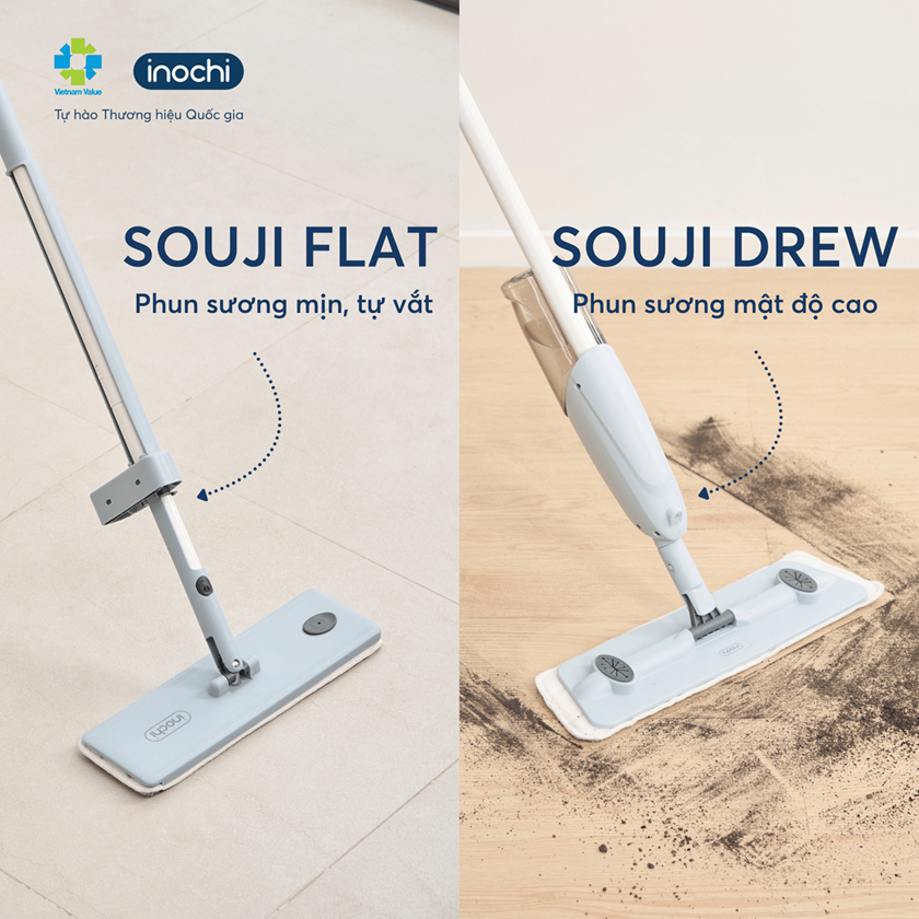 Cây lau nhà phun sương tự vắt Souji Flat và Souji Dew Inochi, xoay 360 vệ sinh tận góc