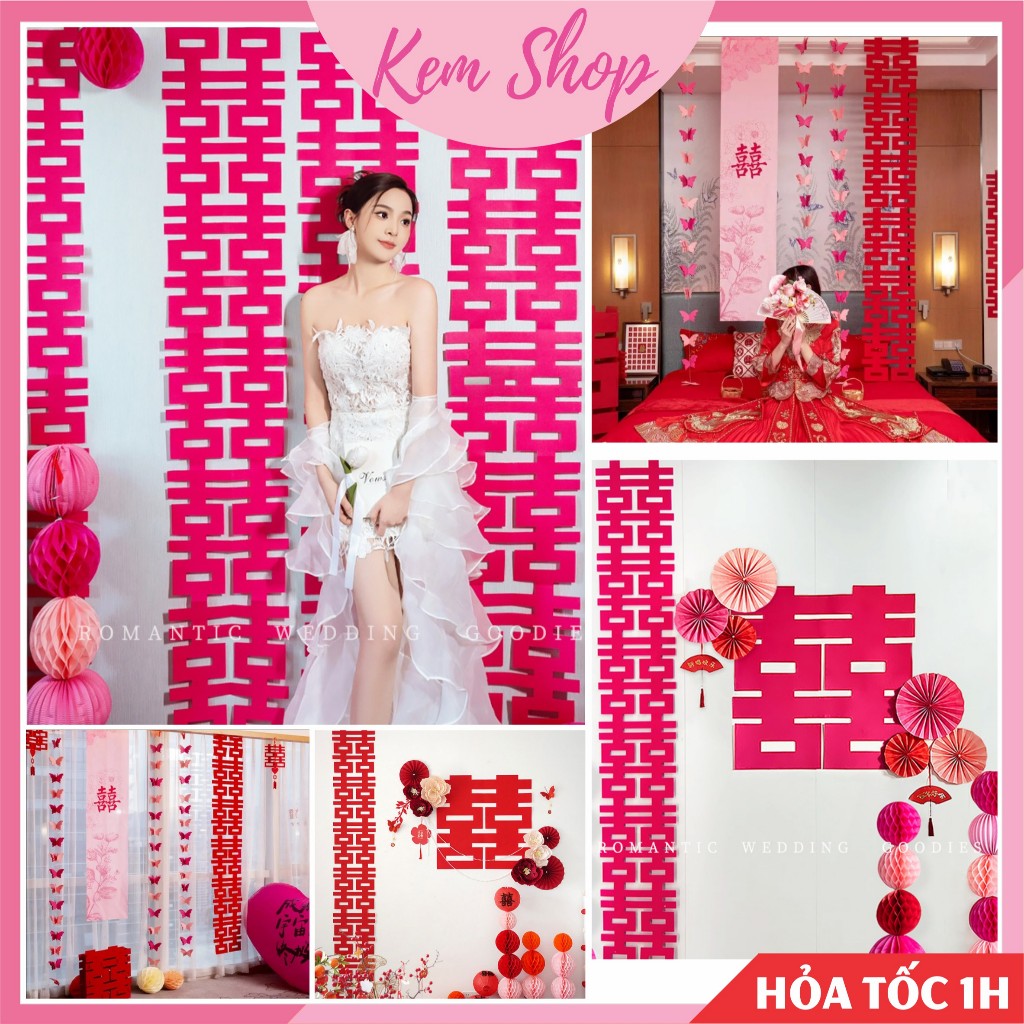 Chữ hỷ dài trang trí đám cưới, dây treo song hỷ dài trang trí phòng cưới - Kem Shop K379