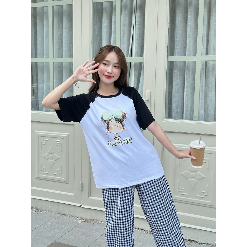 MẪU MỚI Sét đồ dài mặc nhà cho nữ in hình Bé Nơ xanh- JULY fashion2023, Đồ bộ mặc nhà quần dài Baggy chất Cotton Đũi mềm