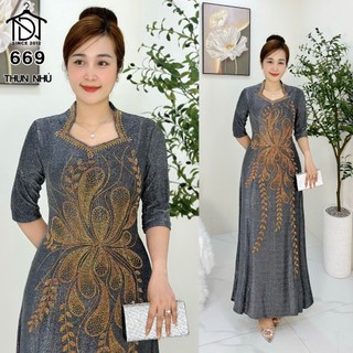 Đầm dạ hội trung niên chất THUN NHŨ co giãn tốt, đính đá cao cấp cho mẹ dự tiệc sang trọng bigsize M669