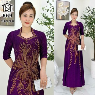 Đầm dạ hội trung niên chất THUN NHŨ co giãn tốt, đính đá cao cấp cho mẹ dự tiệc sang trọng bigsize M669