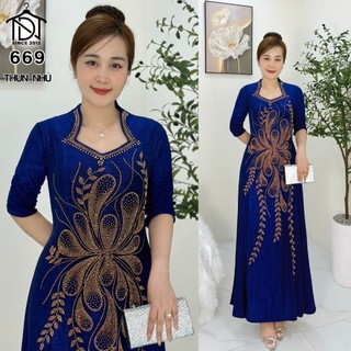 Đầm dạ hội trung niên chất THUN NHŨ co giãn tốt, đính đá cao cấp cho mẹ dự tiệc sang trọng bigsize M669