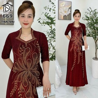 Đầm dạ hội trung niên chất THUN NHŨ co giãn tốt, đính đá cao cấp cho mẹ dự tiệc sang trọng bigsize M669